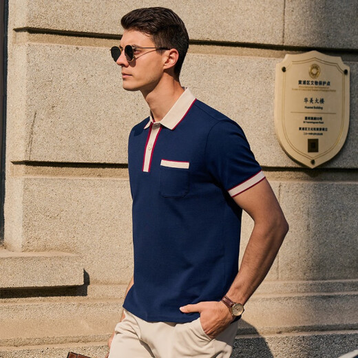 Mr. Stoffknopf Retro Polo-Shirt Sommer Neue Männer Revers kurzärmelig College-Stil AT12083 Navy Blue XL (180)
