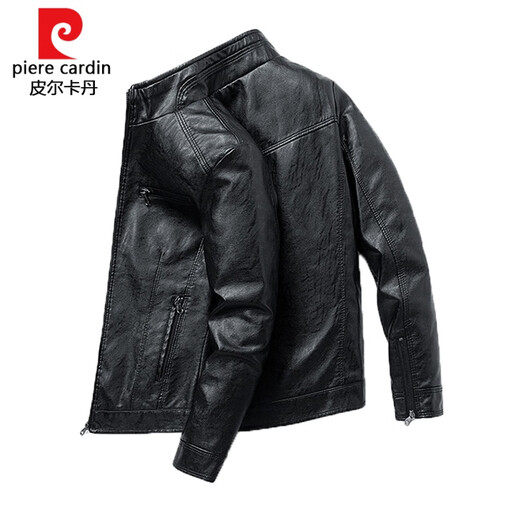 Pierre Cardin leather jacket men's 2025 new autumn and winter velvet thickened handsome casual motorcycle jacket leather jacket K new product black 1302 regular M