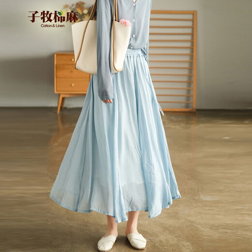 子牧棉麻夏装 双层半身裙宽松气质百搭纯色中长裙9276 蓝色 L(建议100-130斤)