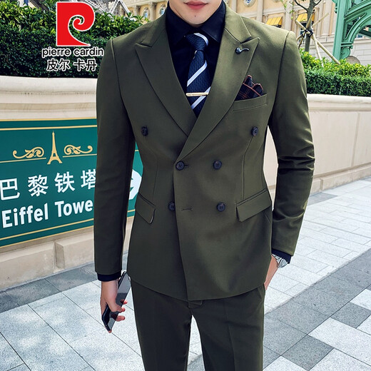 皮尔卡丹双排扣西服套装男修身韩版潮流休闲帅气结婚雅痞西装白色结婚 白色三件套(马甲) XL