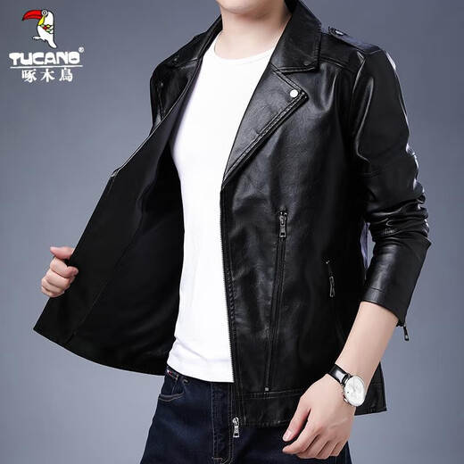 Woodpecker Leather Men's Jacket 2025 Autumn New Leather Jacket Men's Imitation Leather Jacket Business Slim Trendy Motorcycle Jacket Men Black XL