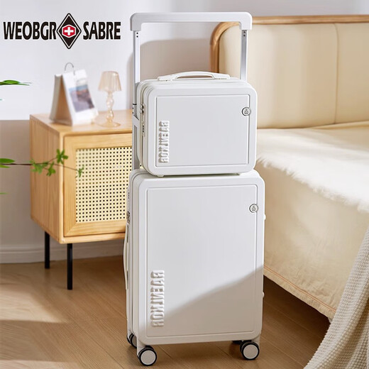 WEOBGR SABER Swiss Luggage Mother Box 20 Women's Wide Trolley Suitcase Premium Password Boarding Case 24 White Mother Box - Rechargeable + Hook + Cup Holder 20 inches - Frosted and scratch-resistant - Suitable for 5-10 days of travel