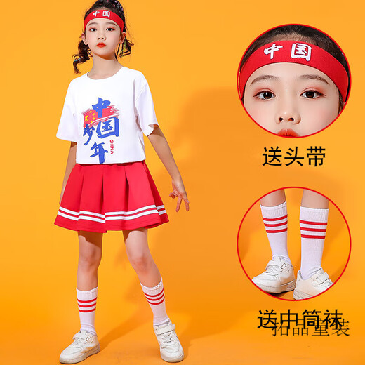 芬佧宾（FEONCABN）六一儿童啦啦队演出服春季小学生运动会班服套装幼儿园啦啦操定制 白色女款短袖+红短裙+发带+袜子 110