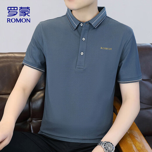 罗蒙（ROMON）短袖T恤男士polo.衫夏季商务休闲短袖男上衣男装体恤 灰兰色 XL 