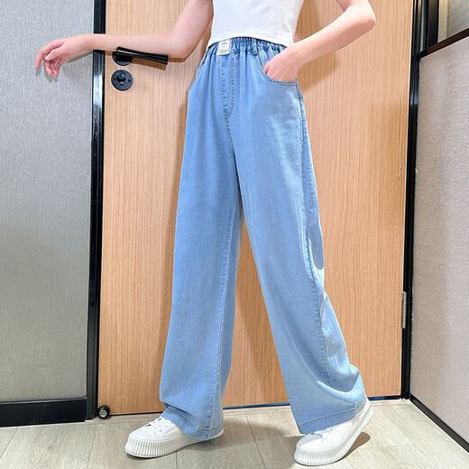 Pitt Pitt Summer Girls Wide Legs 2025 Neue Kinderhosen Sommermädchen Jeans mittlere große Kinder Casual Sporthose 9905 Weiß + 15013 Blau [Ice Seidenset] 170 cm