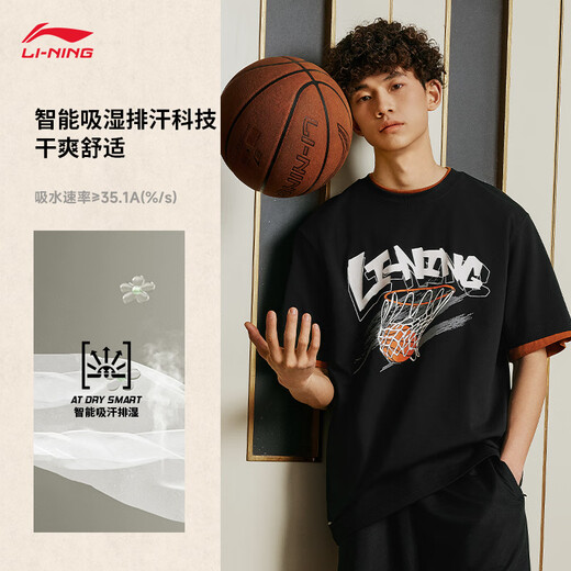 李宁速干T恤丨抗菌凉爽圆领短袖T恤男子夏季户外印花休闲宽松运动上衣 【抗菌】黑色671-1 L