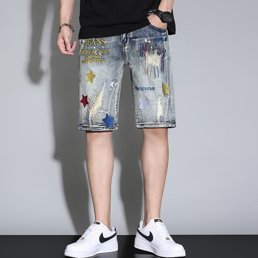 
DIOUTU personality versatile trendy youth fashion new denim shorts men summer thin fashion embroidered five-point pants JD-K829 retro blue size 28 size = waist 2 feet 1