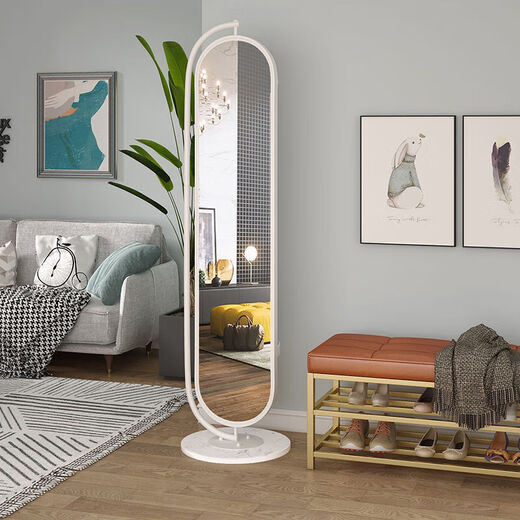 Baiyuda Nordic light luxury dressing mirror floor-standing full-body mirror Internet celebrity ins rotating fitting mirror home bedroom multi-function mirror with storage hook [Light luxury gold] white marble