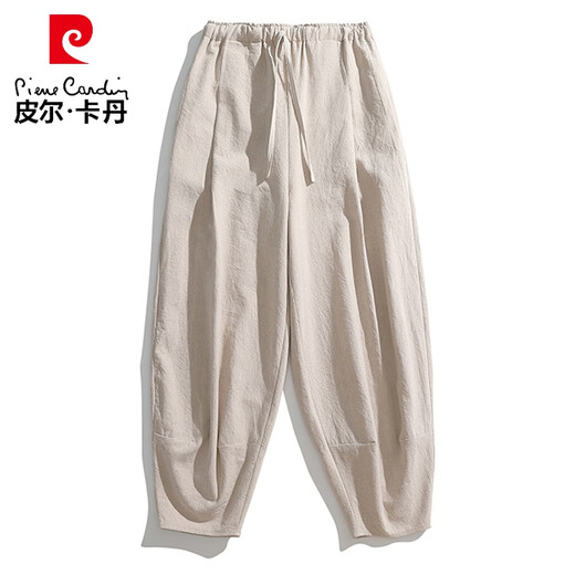皮尔卡丹（pierre cardin）春秋棉麻灯笼裤男粗腿纯色居家哈伦裤宽松复古麻料裤子大裆休闲裤 黑色 L