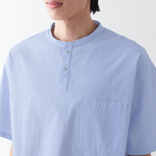 MUJI men's cool henley collar short-sleeved T-shirt casual versatile henley shirt men's bottoming shirt pure cotton sky blue stripes XXL (185/112A)