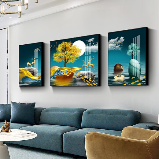摩琥客厅装饰画新中式大气沙发背景墙壁画现代简约抽象挂画创意三联画 12240时来运转 布艺画中间140*90边70*90黑框