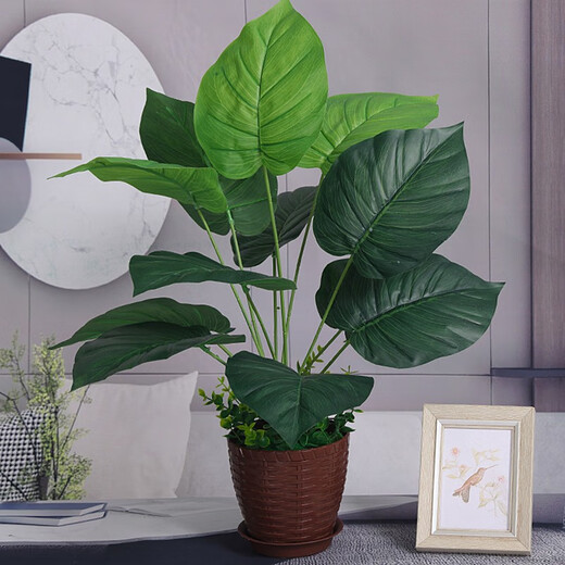 Lihe Home Decoration Nordic simulated green plants, decorative plants, landscaping, large potted plants, indoor living room, floor-standing home furnishings, fake flowers, 12 forks of extra large green plants, 1 bunch, No. 1 coffee striped pot