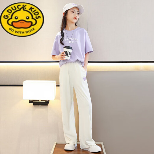 G.Duckkids Little Yellow Duck Girl Girl Anzug Kinder modisch 2024 neue große Kinder kurzärmelige T-Shirt Long T-Shirt Sommer Freizeit 15025 Meter Weiß + 9928 Lila 170 cm