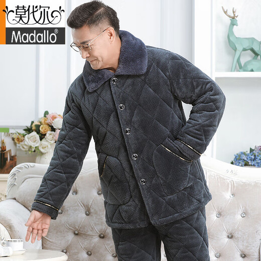 莫代尔中老年男士睡衣冬季加厚加绒珊瑚绒三层夹棉袄大码爸爸保暖家居服 695蓝色中长款 三层加/厚加/绒 XL 建议120-140斤