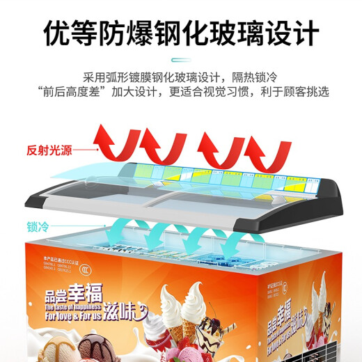 妮雪超市冰柜商用展示柜卧式冰柜商用冷柜冷藏冷冻柜雪糕柜保鲜柜冰糕柜冰淇淋柜圆弧玻璃 688雪糕柜1.8m长【铜管带贴画价格条】