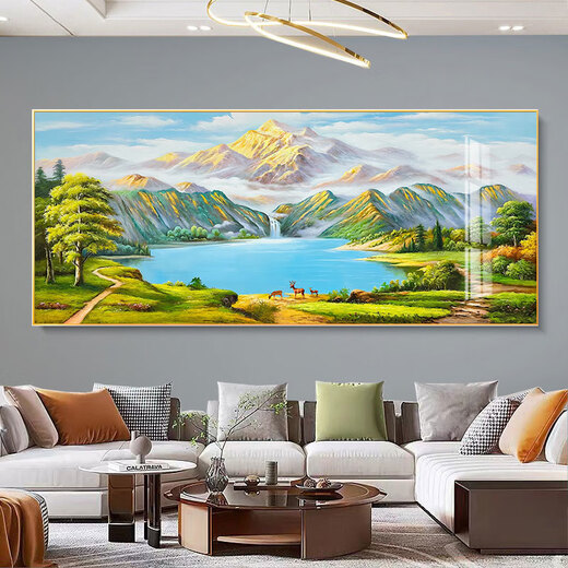 Respaldado por Jinshan Sala de estar Pintura decorativa Cornucopia Sofá Estilo chino Fondo de pared Pintura colgante Mural 12596 Sunrise Green Mountain 120*50 Marco de aluminio dorado Cristal porcelana