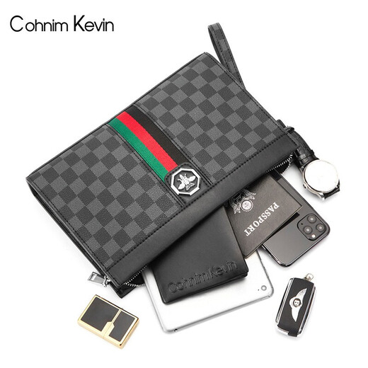 Cohnim kevin奢侈品男士手包手拿拉链男包手抓长钱包送老公男友父亲节生日礼物 【专柜款】c222格子纹