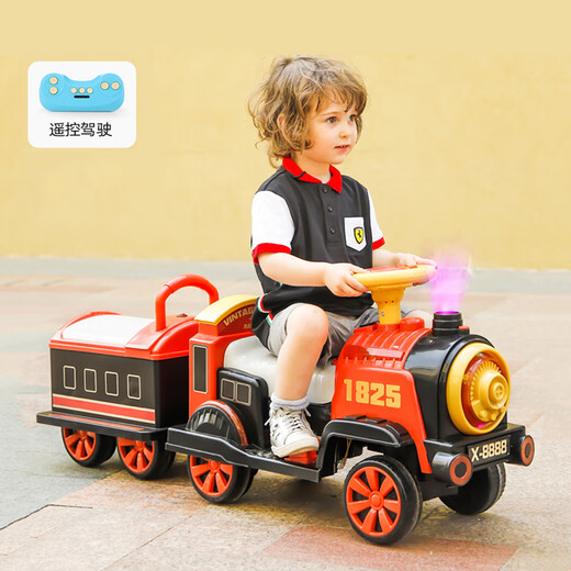 童初赞儿童电动车小火车可坐人遥控男女小孩玩具四轮宝宝 红色双电双驱+喷雾+遥控