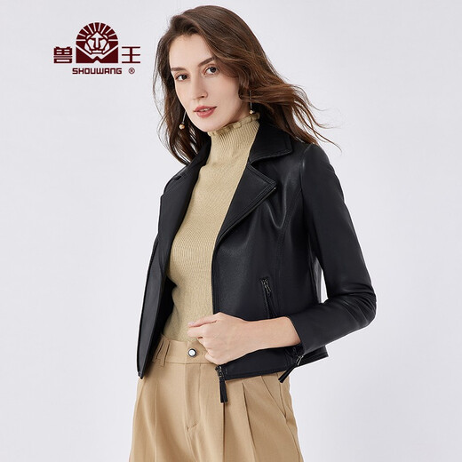 兽王真皮皮衣女 机车款绵羊皮女士皮衣秋冬薄款外套海宁皮衣短款防风 黑色 40