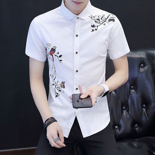 Yunhanye short-sleeved shirt men's Korean style trendy slim casual printed teenager summer half-sleeved shirt handsome shirt trendy 829 black high quality M suitable for 80-100Jin [Jin equals 0.5 kg]