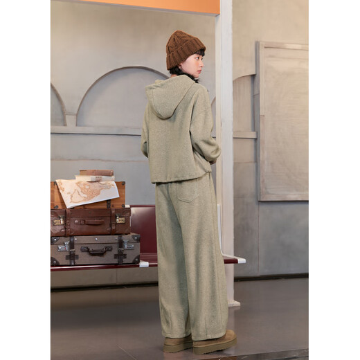 Zihan (ZIHAN) Zihan hooded loose pullover sweatshirt straight wide leg sports pants two-piece suit for women 2024 winter new style beige L