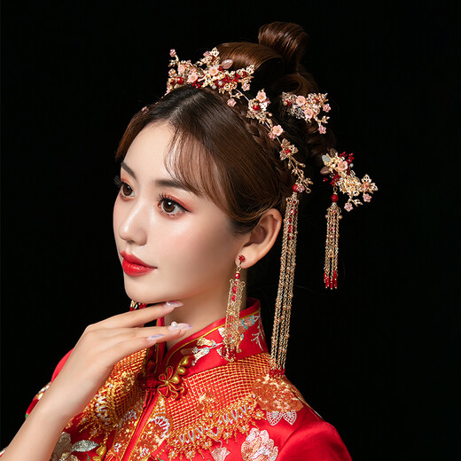 Chi Xing Chinese style bride Xiuhe headdress phoenix crown grand Xiuhe dress red jewelry wedding crown hair accessories women set ear clip style