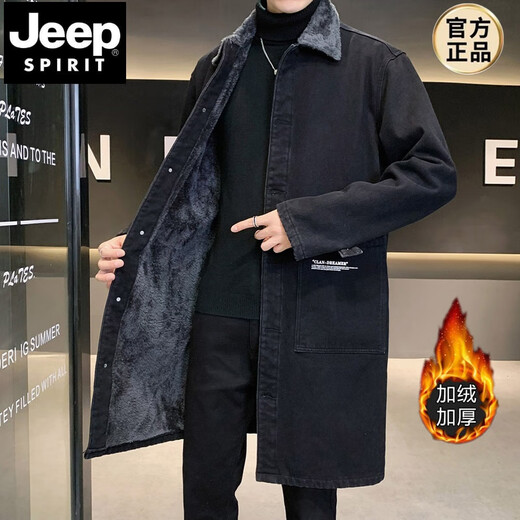 JEEP SPIRIT牛仔风衣男中长款冬季薄绒加厚潮流胖子宽松大码羊羔毛棉衣外套男 黑色5010J 3XL