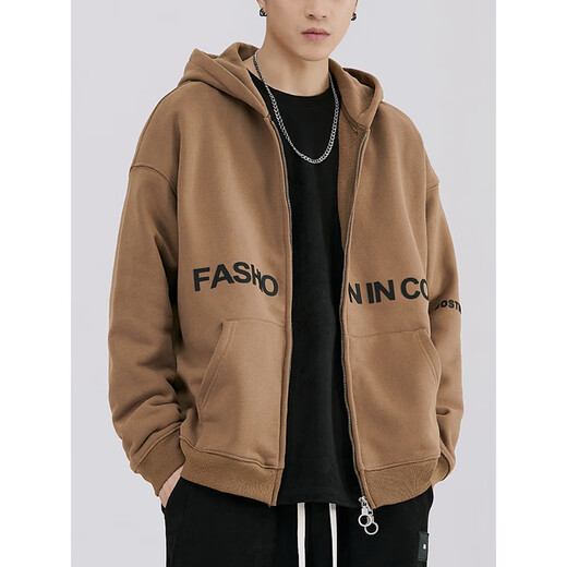 MuQIU MuQIU American cardigan sweater men's spring and autumn hooded loose zipper autumn and winter plus velvet thickened casual jacket 12006 brown S (weight 90-115 Jin [Jin equals 0.5 kg])