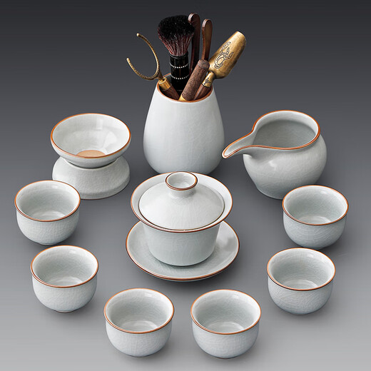 Tangfeng Ru Kiln Kung Fu tea set complete set with tea tray for home office reception high-end light luxury ceramic teapot tea cup set Ru Kiln Tianle covered bowl 10 pieces + Pinsheng