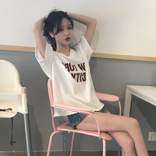 Langyue women's summer Korean style simple short-sleeved T-shirt women's V-neck letter printed top T-shirt bottoming shirt LWTD191447 white M