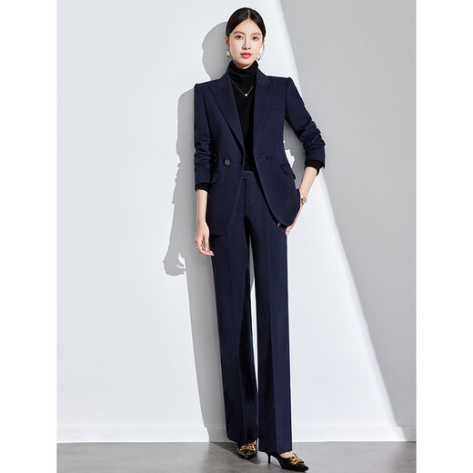 诗璐雅（SHILUYA）高端毛呢外套气质收腰案场客服女工作服外套西装套装两件套冬季厚 藏青色西装+阔腿微喇裤 L
