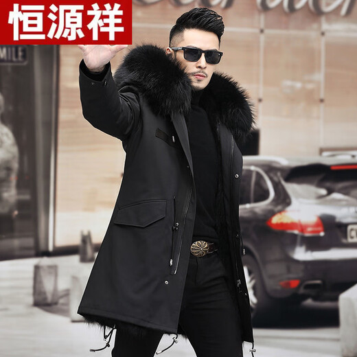 恒源祥2025新品草派克服男装加长款大衣男士冬装外套可拆卸皮毛一体针 咖啡色中长款 M 95-110斤