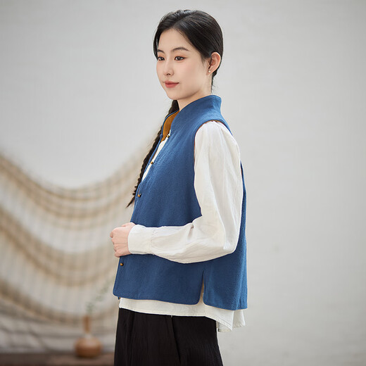 照本堂女装复古舒适手工成衣染色双面提花马夹女新款w12190 蓝黄 中码（165/88）原大码