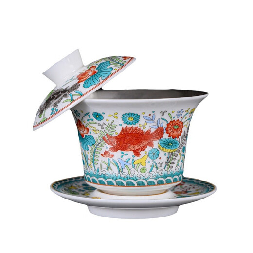 Jiaomingtang Chinese style 999 sterling silver tea set complete set with enamel color gift for elders leaders men high-end retired practical men 10 heads of paradise (silver teapot) - next day delivery