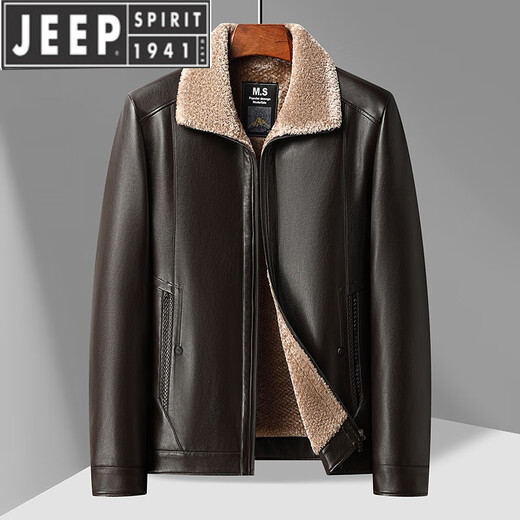 JEEP SPIRIT dad winter leather jacket middle-aged men's stand-up collar plus velvet leather jacket middle-aged and elderly casual thickened warm coat top brown fur collar 180 weight 130-150 Jin Jin is equal to 0.5 kg