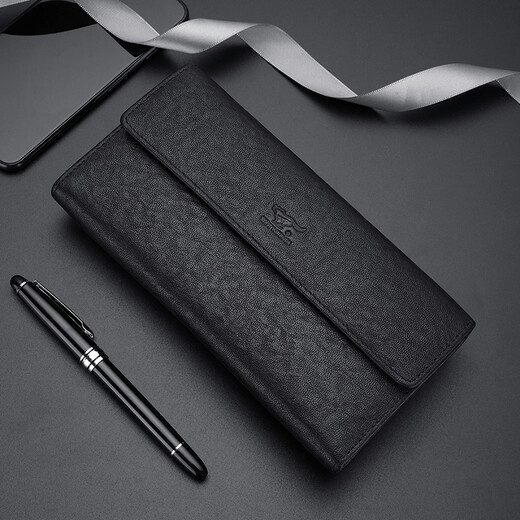 Sieben Wolf -Männer Langes Geldbörse echter Leder 3 -fach Straight Wallet Pure Head Layer Cowhide Gürtel Schnalle Ticket Clip Weiches Leder Mehrfachkartenschlitz schwarz