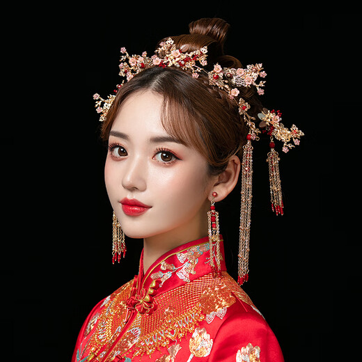 Chi Xing Chinese style bride Xiuhe headdress phoenix crown grand Xiuhe dress red jewelry wedding crown hair accessories women set ear clip style