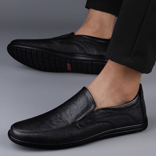 CLOHOO leather shoes men's spring and autumn genuine leather business casual breathable comfortable shoes men's formal shoes lazy beanie driving shoes black four seasons 42