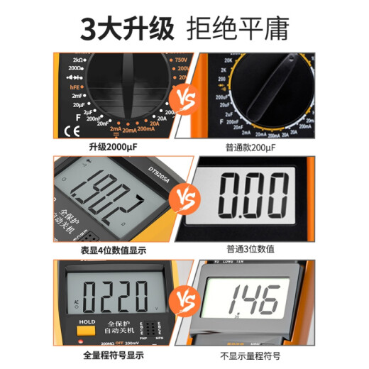 测电容专用表 高精度数字万用表智能防烧DT9205A表电工专用家用维修测电容 (黄色)9205标配(7号电池)