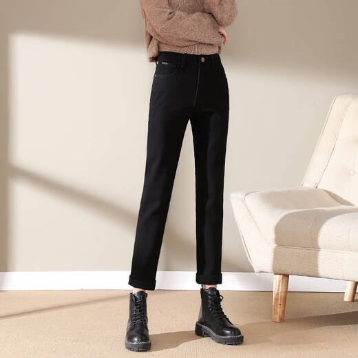 
Cotton World straight jeans for women plus velvet thickened new style spring, autumn and winter loose high waist high-slim elastic cigarette pants 13588 black plus velvet size 28 sizes (2 feet 1)