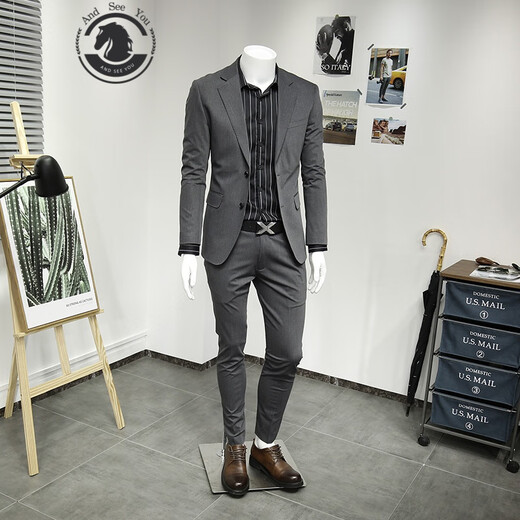 ANDSEEYOU trendy brand suit men Korean style business casual professional formal dress slim gray suit two-piece gray suit size 56 (remarks on pants) 165-180Jin Jin is equal to 0.5 kg