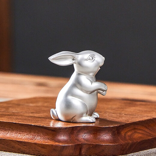 Guiyintang Pure Silver 999 Tea Pet Handmade Boutique Lucky Rabbit Tea Play Handle Pieces Can Raise Creative Ornaments Silverware Tea Set Accessories Moon-Watching Rabbit + Certificate + Gift Box