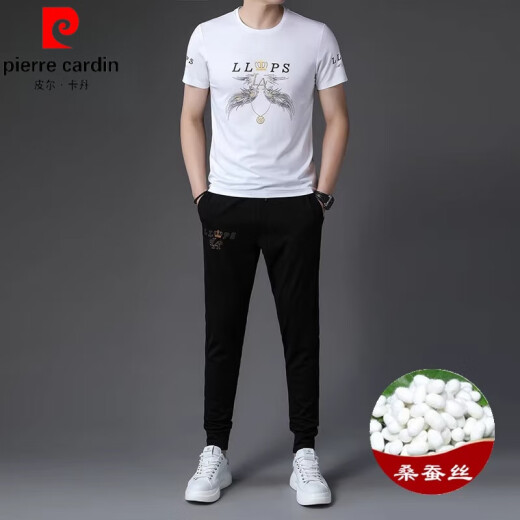 皮尔卡丹（pierre cardin）运动休闲套装男夏季薄款桑蚕冰丝印花短袖韩版痞帅潮流个性痞帅风 9227黑色 170/L