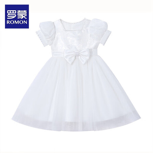 罗蒙毕业演出主持人礼服女童毕业白色公主裙生日花童钢琴 白色120