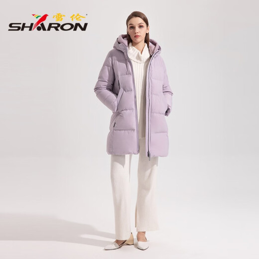 雪伦中长款羽绒服女简约百搭袖标秋冬外套 13567 粉紫色 XL