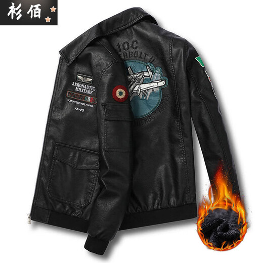 潮韵月新冬季加绒加厚皮夹克保暖修身韩版潮流飞机刺绣机车服男皮毛一体 XY-839黑色皮毛一体 3XL 建议155-170斤