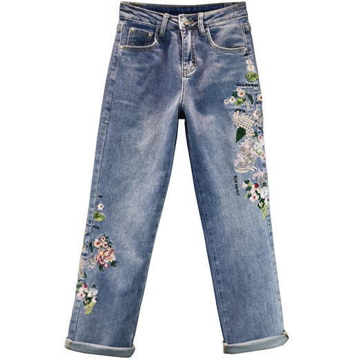 Mad Cortes original design ethnic style embroidered straight jeans for women spring and autumn cotton stretch high waist loose slim cigarette pants blue 26