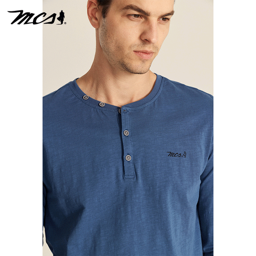 MCS comes from Marlboro American retro long-sleeved T-shirt spring new cotton slim round neck solid color Henley shirt for men light gray blue K1 56/XXXL/185