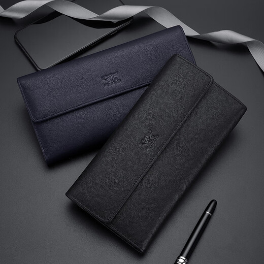 Sieben Wolf -Männer Langes Geldbörse echter Leder 3 -fach Straight Wallet Pure Head Layer Cowhide Gürtel Schnalle Ticket Clip Weiches Leder Mehrfachkartenschlitz schwarz