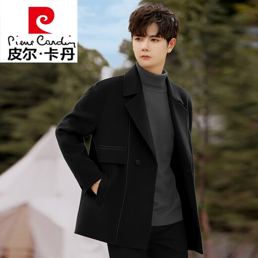 皮尔卡丹（pierre cardin）双面羊毛绒外套男士秋冬季加厚呢子风衣短款高端西装羊毛呢大衣男 黑色 S 125斤以下